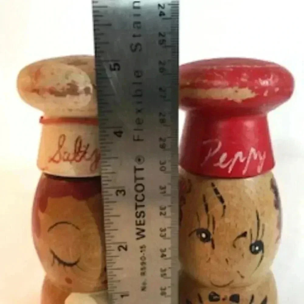 Vintage Salty And Peppy Wooden‎ Salt And Pepper Shakers 5” Tall